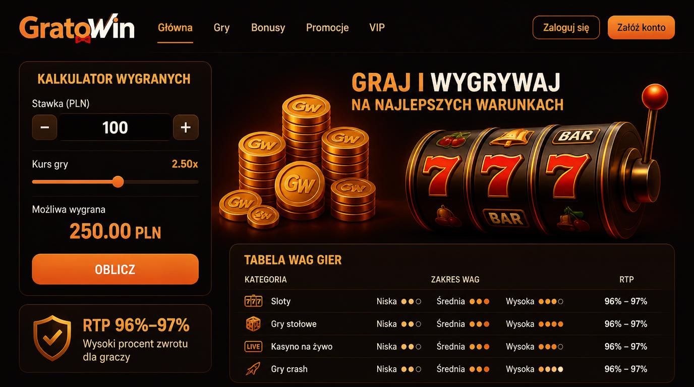 Grafika przedstawiająca kalkulator, stos monet, automat, tabelę wag oraz RTP 96-97%