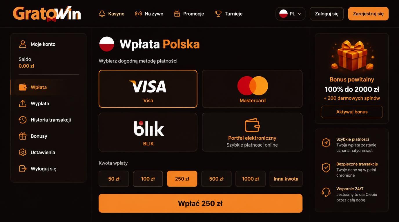 Interfejs kasyna z metodami płatności w Polsce