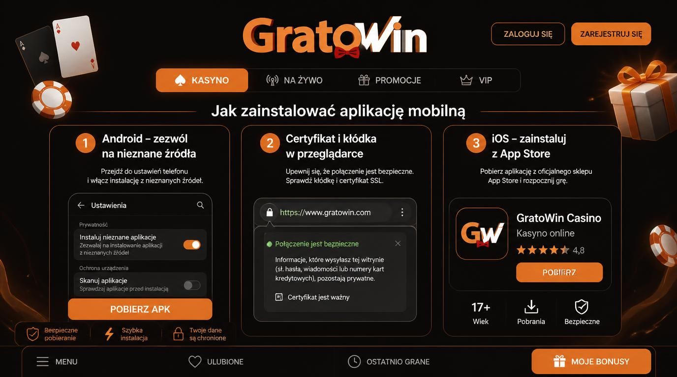 Ilustracja przedstawiająca proces bezpiecznego pobierania aplikacji Gratowin na telefonie z Android oraz iOS
